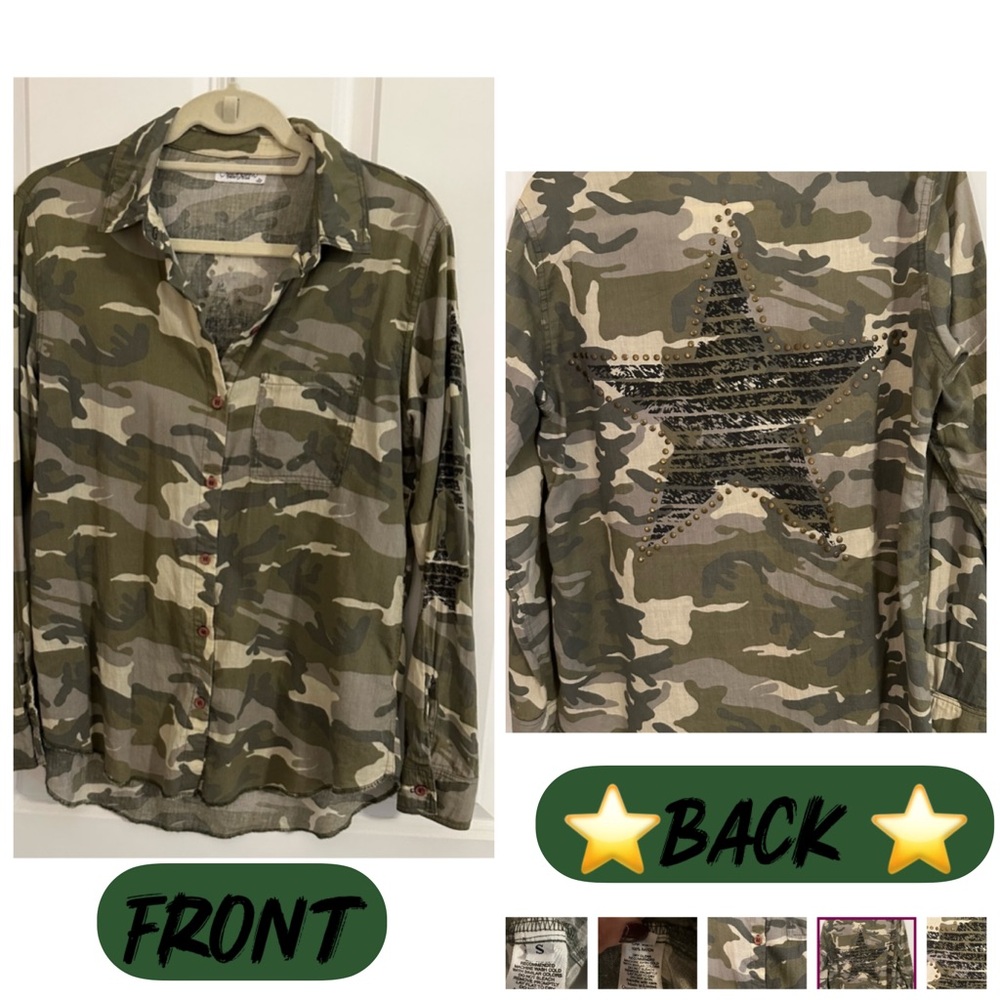 LAUREN MOSHI Camo Button-down with Black Stars on Sleeve and Back women’s Size S